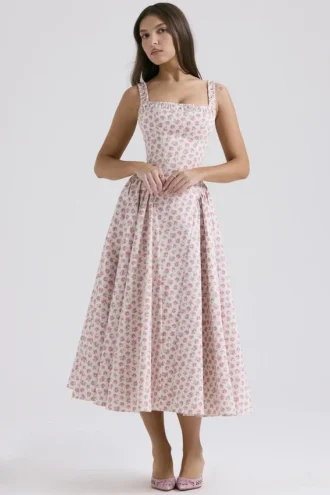 Robe d&rsquo;Été mi-longue en coton à imprimé boutons de rose blancs « Dorothy »