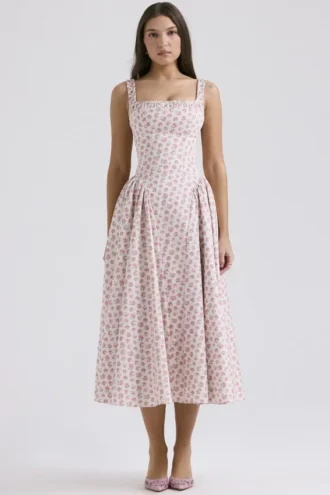 Robe d&rsquo;Été mi-longue en coton à imprimé boutons de rose blancs « Dorothy »