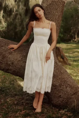 Robe d&rsquo;Été mi-longue en dentelle personnalisée et coton blanc Chloe