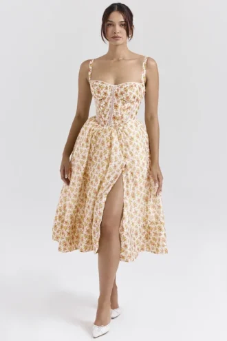 Robe d&rsquo;Été mi-longue à imprimé roses royales « Kelly » en corset