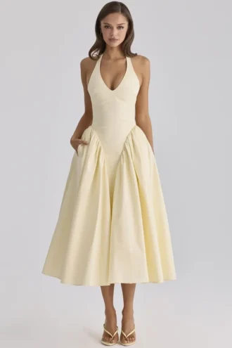 Robe d&rsquo;Été midi à dos nu en coton citron « Marilyn »