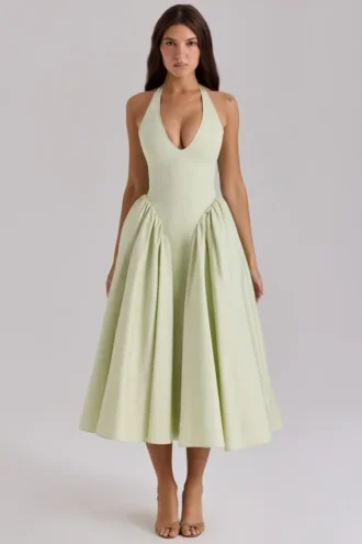 Robe d&rsquo;Été midi dos nu en coton pistache Marilyn
