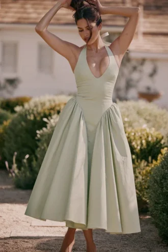 Robe d&rsquo;Été midi dos nu en coton pistache Marilyn