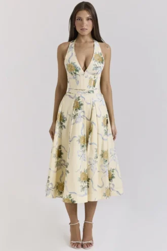 Robe d&rsquo;Été midi dos nu en coton stretch à rubans « Allena »