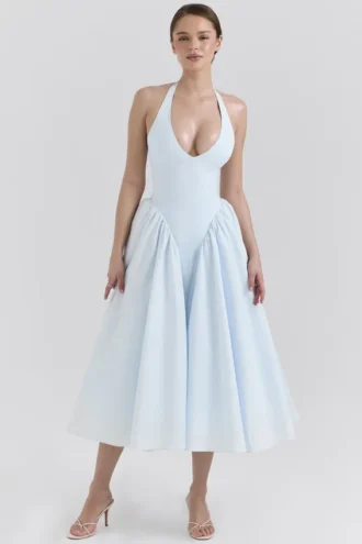 Robe d&rsquo;Été midi dos nu en sergé de coton bleu pâle « Marilyn »