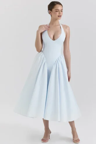 Robe d&rsquo;Été midi dos nu en sergé de coton bleu pâle « Marilyn »