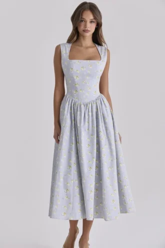 Robe d&rsquo;Été midi en coton imprimé fleurs sauvages Emmy Blue