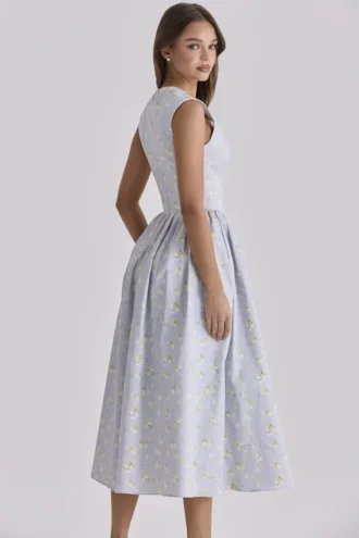 Robe d&rsquo;Été midi en coton imprimé fleurs sauvages Emmy Blue