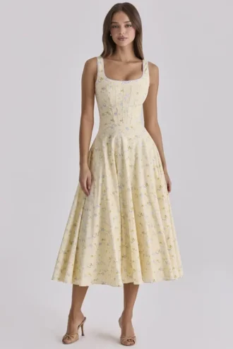 Robe d&rsquo;Été midi en coton à lacets Jaime, imprimé floral citron