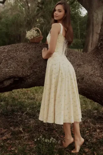 Robe d&rsquo;Été midi en coton à lacets Jaime, imprimé floral citron