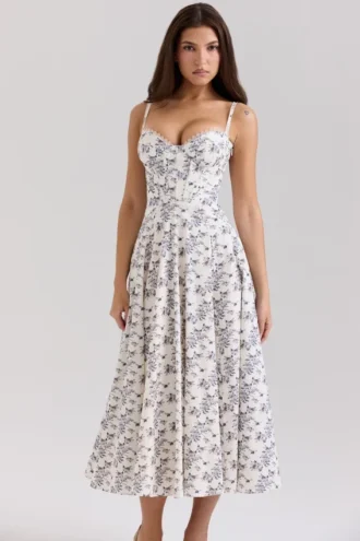 Robe d&rsquo;Été midi en coton stretch imprimé floral crème Steffani