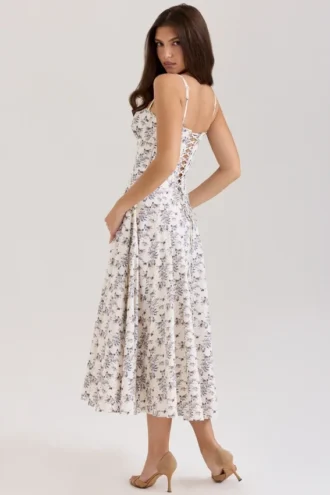 Robe d&rsquo;Été midi en coton stretch imprimé floral crème Steffani