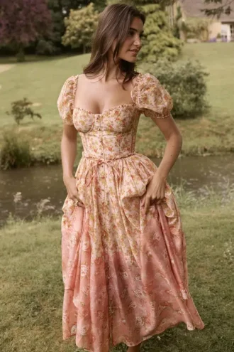 Robe d&rsquo;Été midi à manches bouffantes Penelope, imprimé pêche et coquelicots
