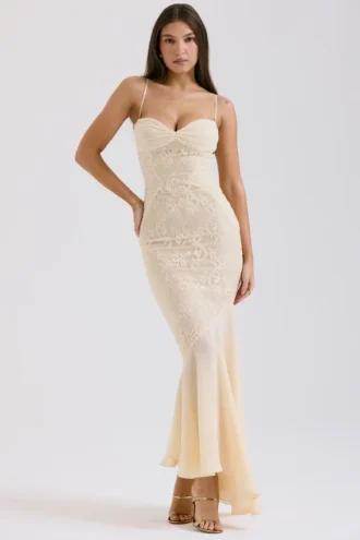 Robe de Soirée Felicia en mousseline et dentelle vanille
