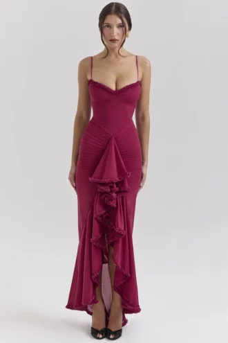 Robe de Soirée Gabbi Wine à volants sur le devant