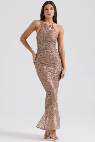 Robe de Soirée Giada rose doré brodée et pailletée