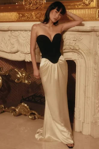 Robe de Soirée longue corset Sorcha noir et champagne