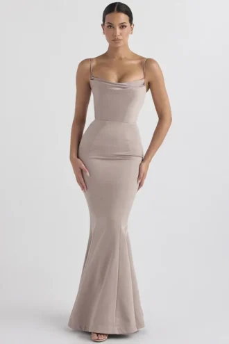 Robe de Soirée longue en satin champignon Violette, coupe sirène