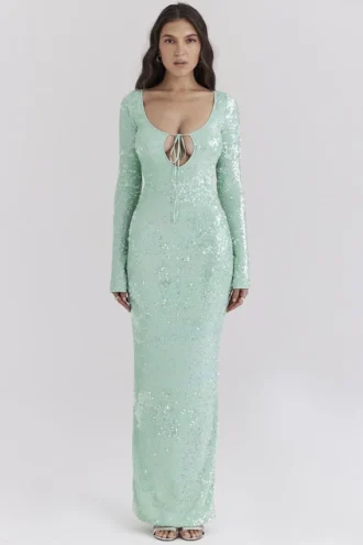 Robe de Soirée longue à paillettes Titania Seafoam