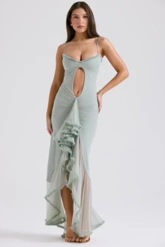 Robe de Soirée longue à volants sur le devant « Gabriella » couleur pistache