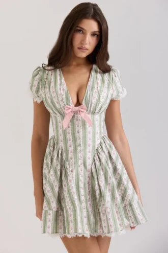 Robe Emiliana en coton stretch à rayures vertes et imprimé floral