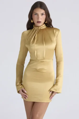 Robe en satin à manches longues Amala Gold