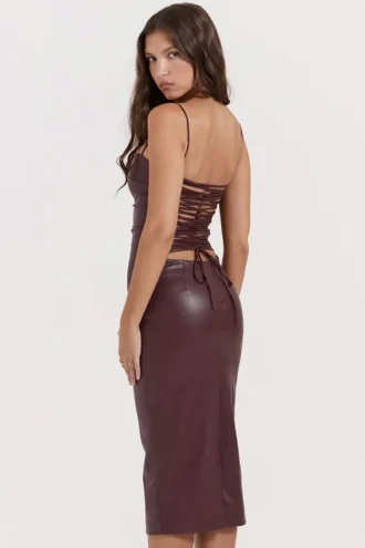 Robe Jalena en cuir vegan Mulberry avec dos en dentelle