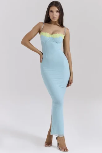 Robe longue Aiza bleu océan avec dentelle contrastée