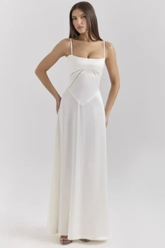 Robe longue Anabella en satin ivoire à lacets