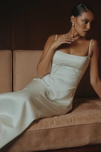 Robe longue Anabella en satin ivoire à lacets