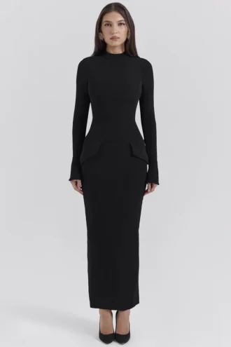 Robe longue à col roulé noire Marie-Louise