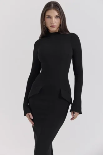 Robe longue à col roulé noire Marie-Louise