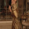 Robe longue corset en satin brocart bronze Aurelia