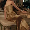 Robe longue corset en satin brocart bronze Aurelia
