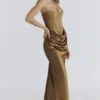 Robe longue corset en satin brocart bronze Aurelia