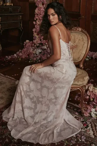 Robe longue à dos en dentelle florale rose pâle « Seren »