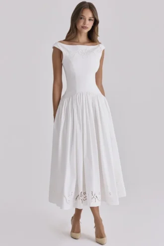 Robe longue à encolure bateau en coton blanc brodé anglais Lauren