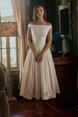 Robe longue à encolure bateau en coton blanc brodé anglais Lauren