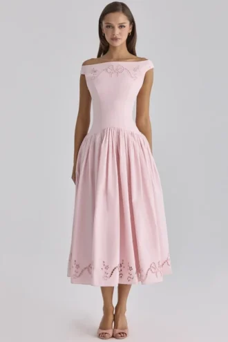Robe longue à encolure bateau en coton rose broderie anglaise Lauren