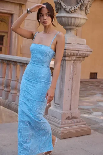 Robe longue à fleurs brodées « Eva » bleu Toscane