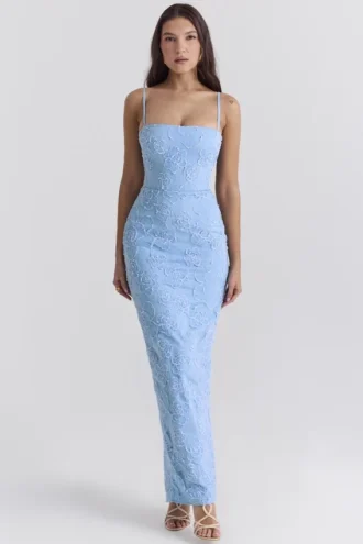 Robe longue à fleurs brodées « Eva » bleu Toscane