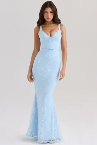Robe longue à godets en dentelle bleue Sarai