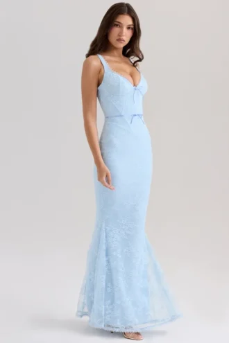 Robe longue à godets en dentelle bleue Sarai