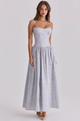 Robe longue à lacets en coton imprimé fleurs sauvages Rona Blue
