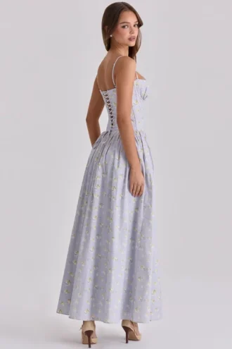 Robe longue à lacets en coton imprimé fleurs sauvages Rona Blue