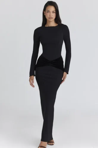 Robe longue à manches longues en jersey crêpe « Athena » noire