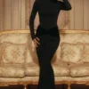 Robe longue à manches longues en jersey crêpe « Athena » noire