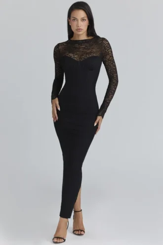 Robe longue à manches longues et corset en dentelle noire Shiloh