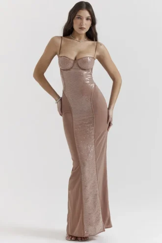 Robe longue à paillettes Bonita Café au lait