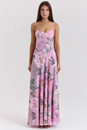 Robe longue « Seren » rose à imprimé floral et dos en dentelle